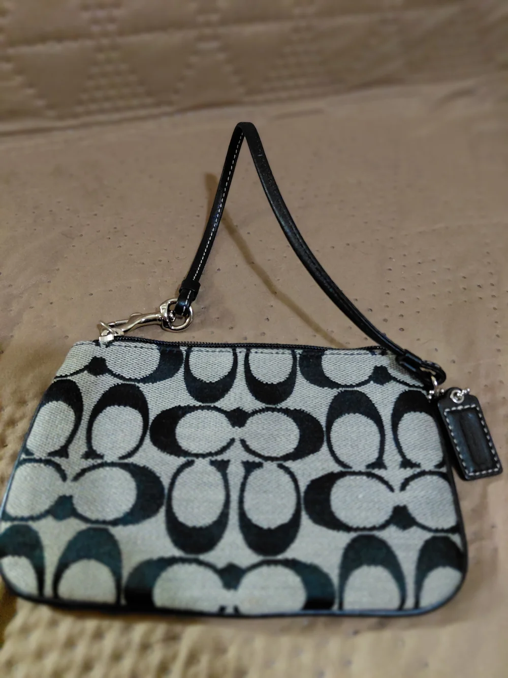 Coach Black and Khaki Signature Canvas Wristlet